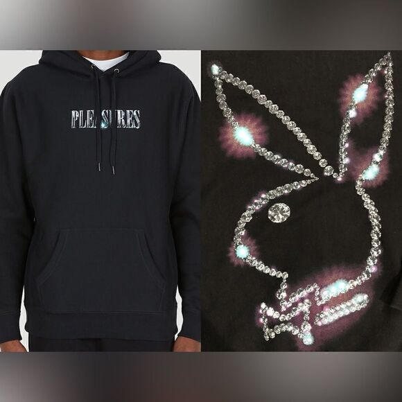 PLEASURES NWT Playboy Icy Diamonds Logo Black Hoodie Sweatshirt Size M - Picture 1 of 14